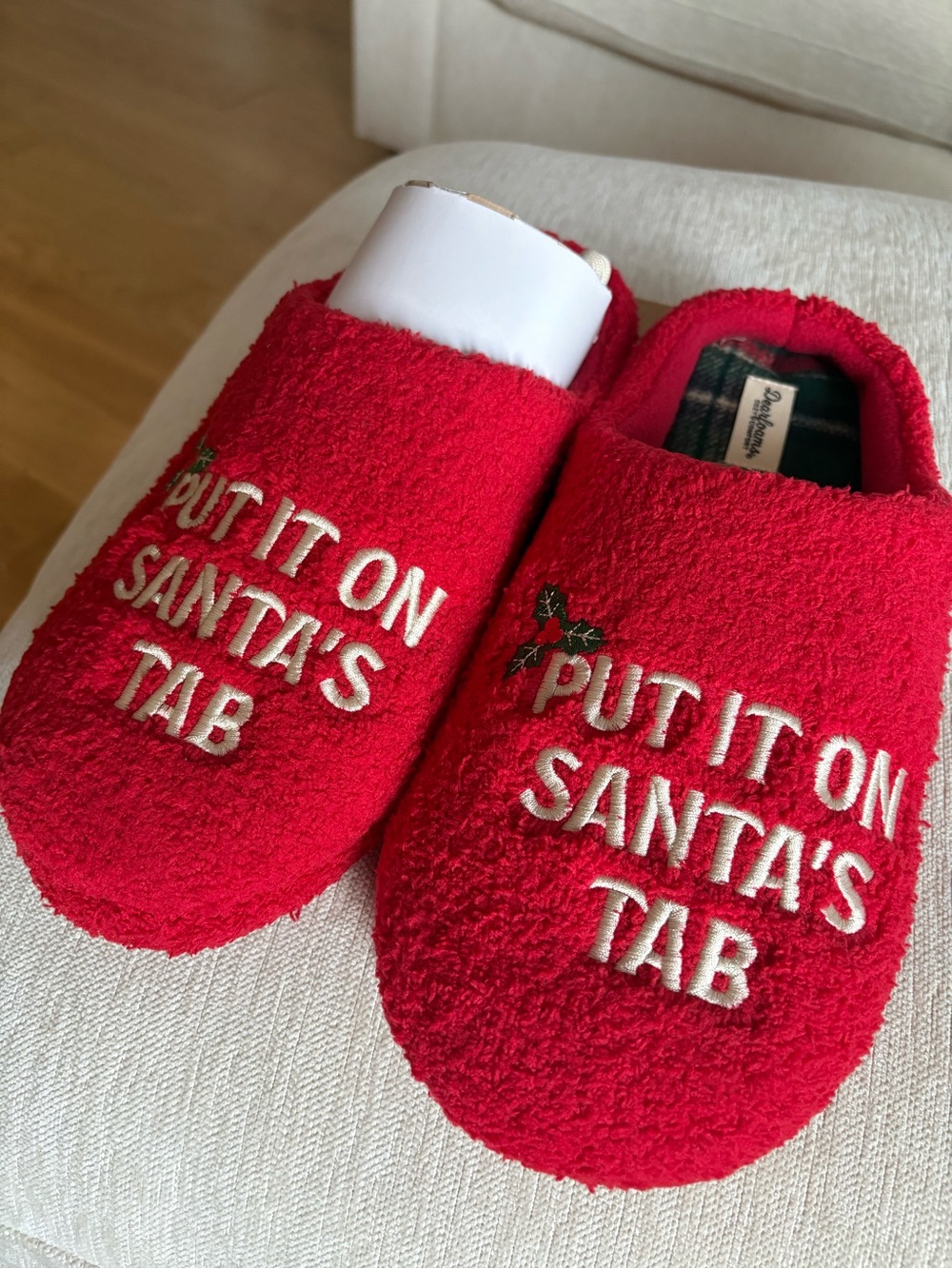 Cozy Red Holiday Slippers - 'Put It On Santa's Tab'
